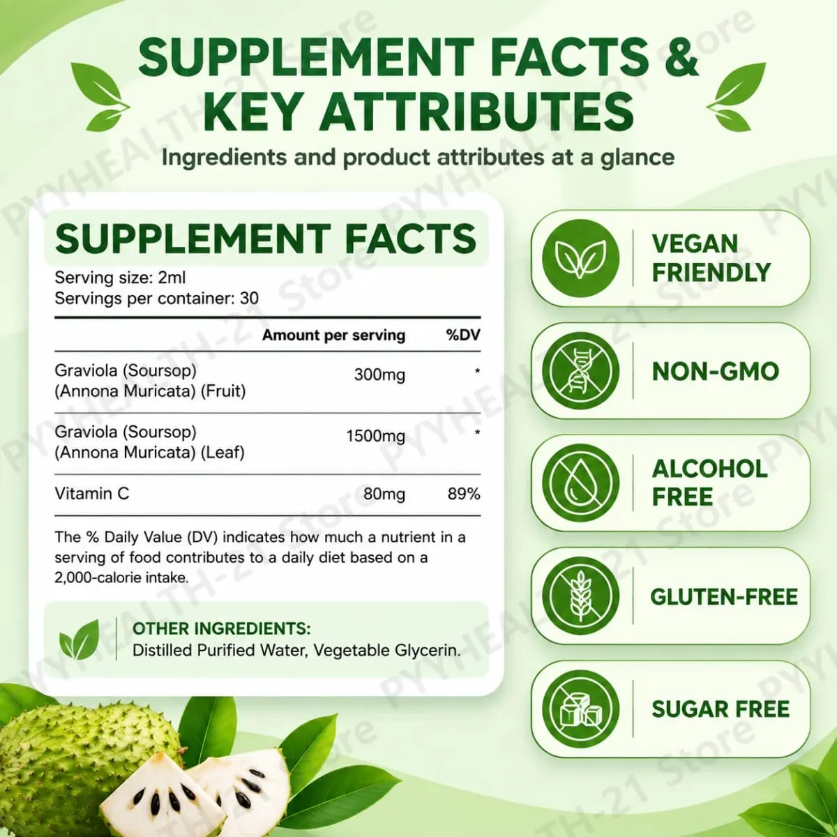 AcentiLabs Soursop Graviola Liquid Drops Vitamin C Supports Digestive Health Immune System Free Radical Defense 60ml for Adults — image 3