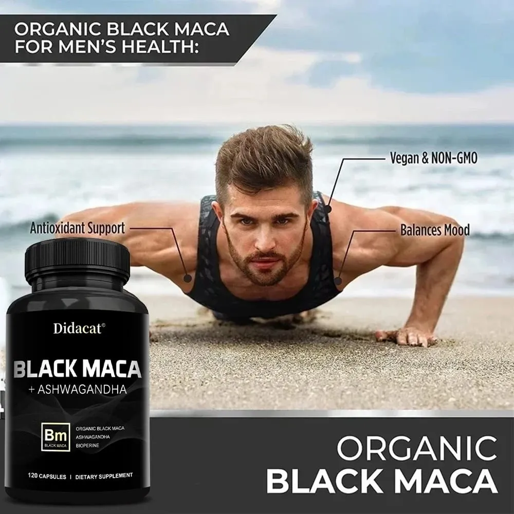 Organic Black Maca + Ashwagandha - Black Maca-kapsler med høj koncentration til mænd, der understøtter styrke udholdenhed og vitalitet