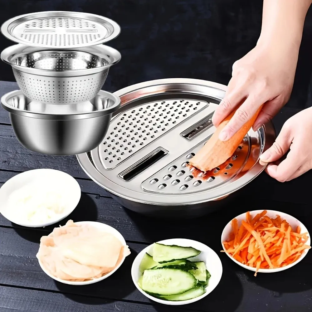 Juego de ralladores de cocina multifuncionales de acero inoxidable, cuenco de drenaje con mandolina para lavado de verduras, rebanador para patatas, 3 uds. — image 1