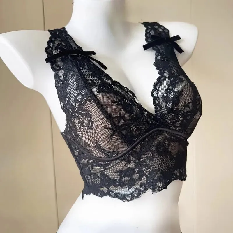 ผู้หญิงภาษาฝรั่งเศสคำลูกไม้ Bralette Push Up Gathering ไม่มี Underwire Backless Bra ชุด Sheer ชุดชั้นใน Outerwear Going Out Tops ขนาด S - XL — image 3