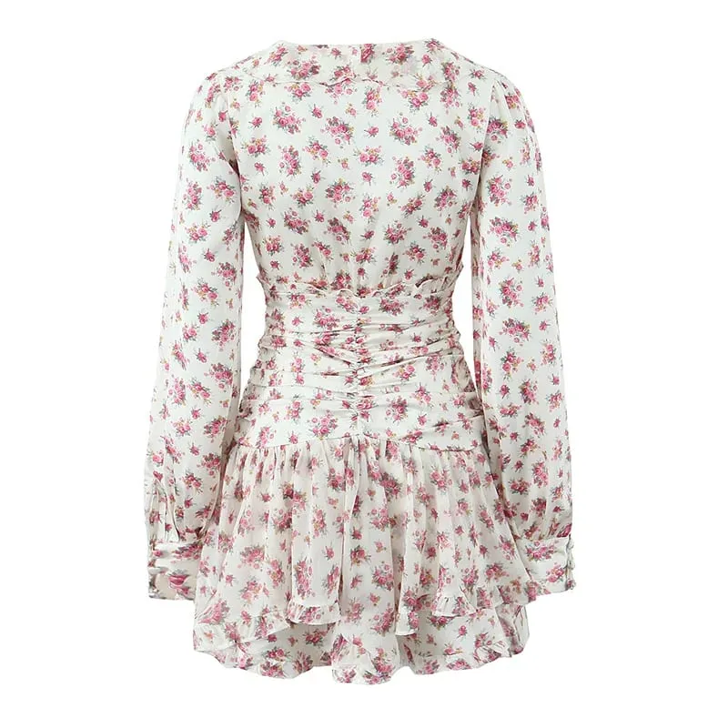 Pakaian Mini Ruffle Cetak Bunga Boho Wanita Butang Depan Lengan Panjang V Leher Musim Bunga Gaun 2025 Jubah Percutian Vestidos Pendek — image 5
