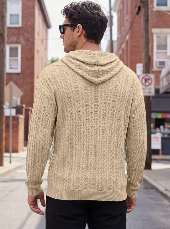 Men Thin Cable Knit Hooded Sweatshirt Drawstring Hood Kangaroo Pocket Long Sleeve Loose Casual Pullover Autumn Daily Street Tops — image 6