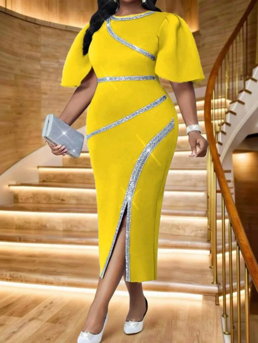 Femme Col Rond Manches Flutter Décor Diagonal Fendue Midi Moulante Robe Grande Taille pour Dîner Formel Mariage Invité Soirée Soirée Mode Occasions — image 3