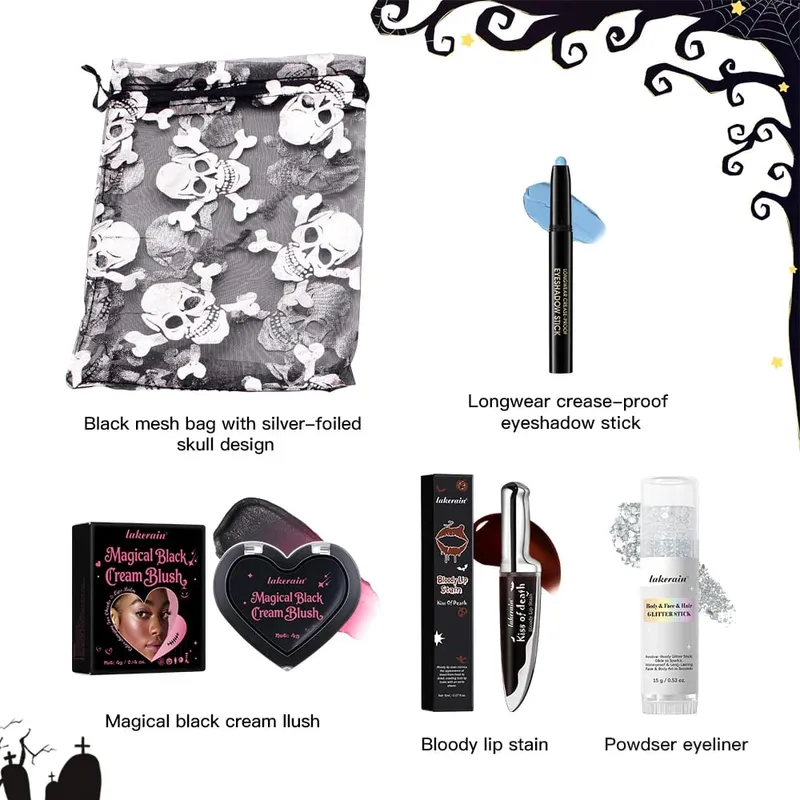 Halloween gotycki zestaw do makijażu 5 szt. Plama do ust ciemny krem róż do policzków cień do powiek w sztyfcie brokatowy eyeliner z torbą na imprezę Cosplay twarz ciało