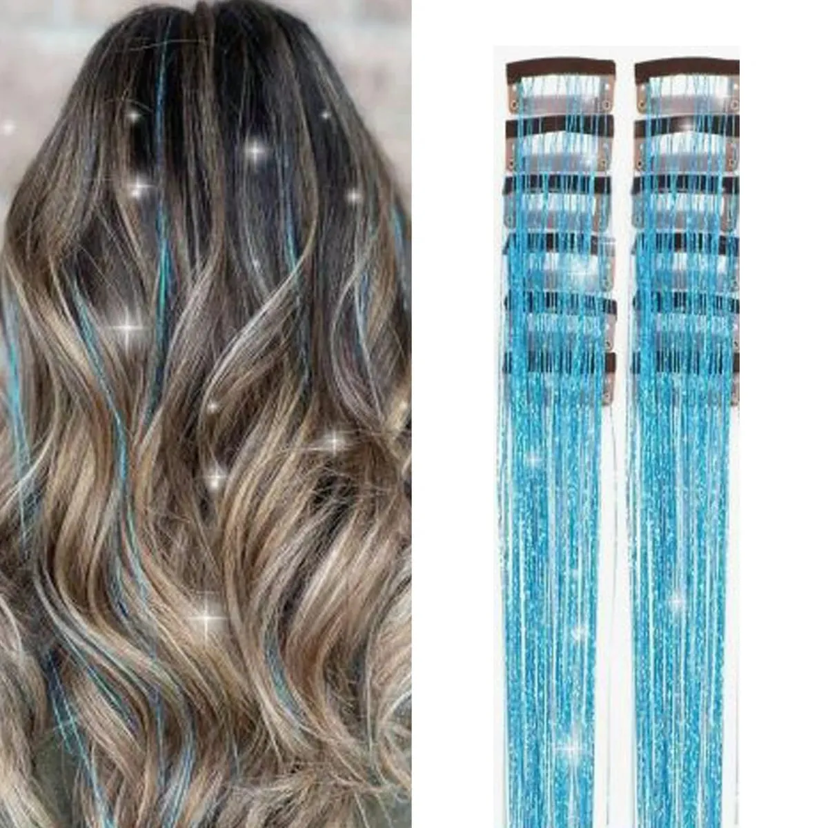 12 pièces/paquet Extensions de cheveux blonds scintillants pince en arc-en-ciel brillant étincelant guirlandes de cheveux résistant à la chaleur étincelle Extensions de cheveux pour W — image 12