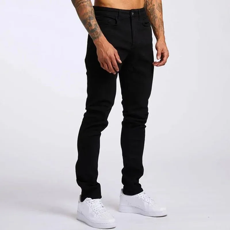 กางเกงยีนส์บุรุษยืดหยุ่นผอมสีทึบยืดกางเกงดินสอ SLIM FIT DENIM กางเกงยีนส์ Jogging Streetwear คาวบอยกางเกงลำลองสีดำ