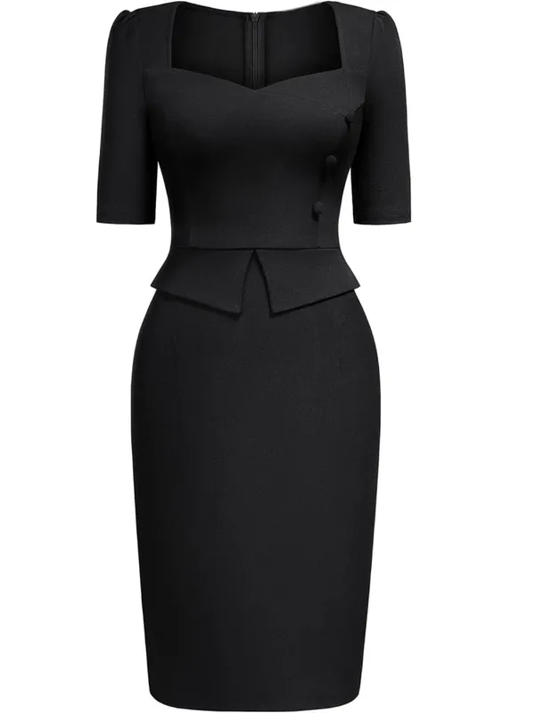 Kvinders Elegant SquareNeck Kortærmet Arbejdskontor Knælængde Solid Business Casual Fest Peplum Pencil Bodycon Skede Kjole