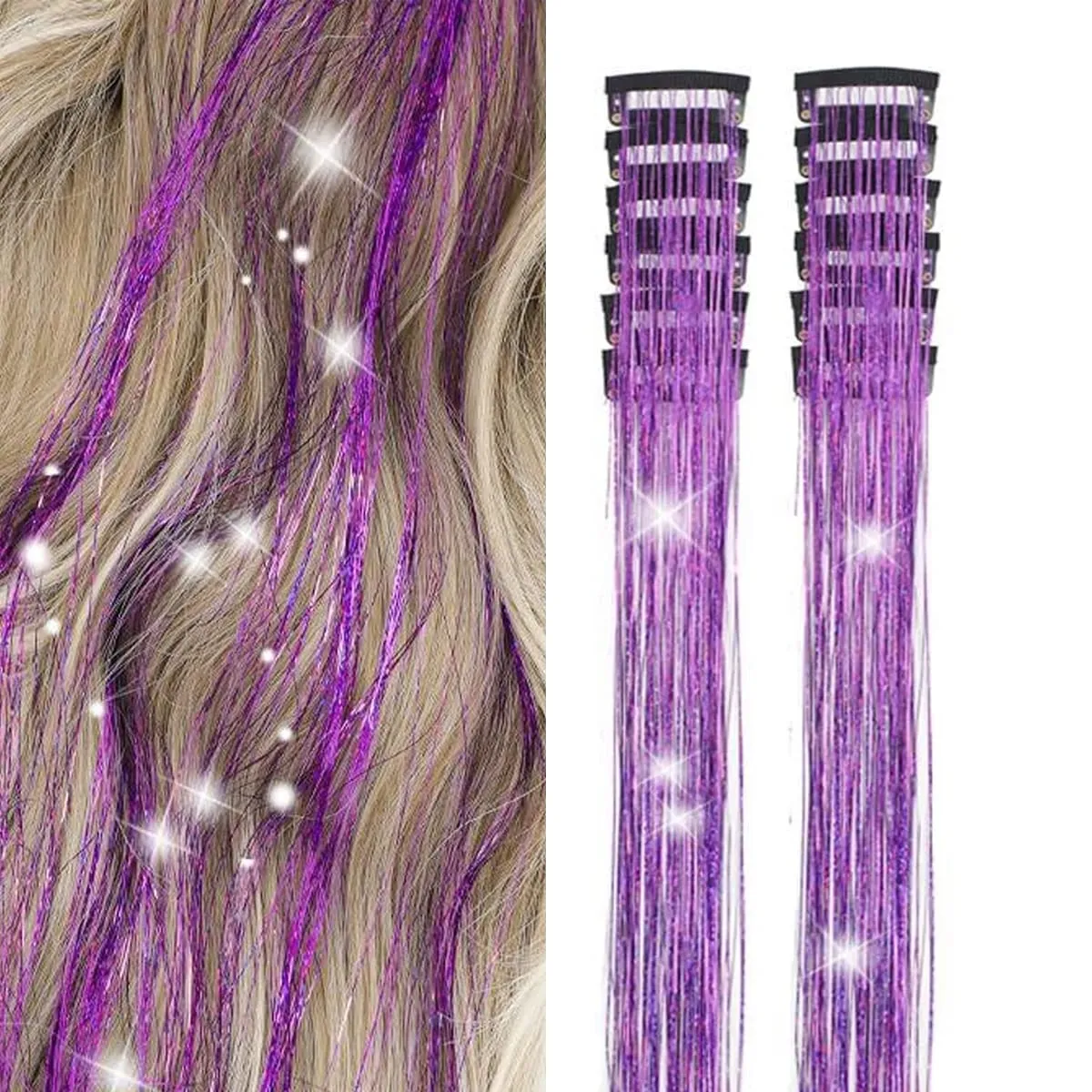 12 pièces/paquet Extensions de cheveux blonds scintillants pince en arc-en-ciel brillant étincelant guirlandes de cheveux résistant à la chaleur étincelle Extensions de cheveux pour W — image 13