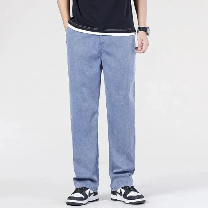 Summer New Baggy Jeans Men's Classic Thin Lyocell Fabric High Quality Straight Casual Pants Soft Denim Trousers Coffee Blue Gray — image 11