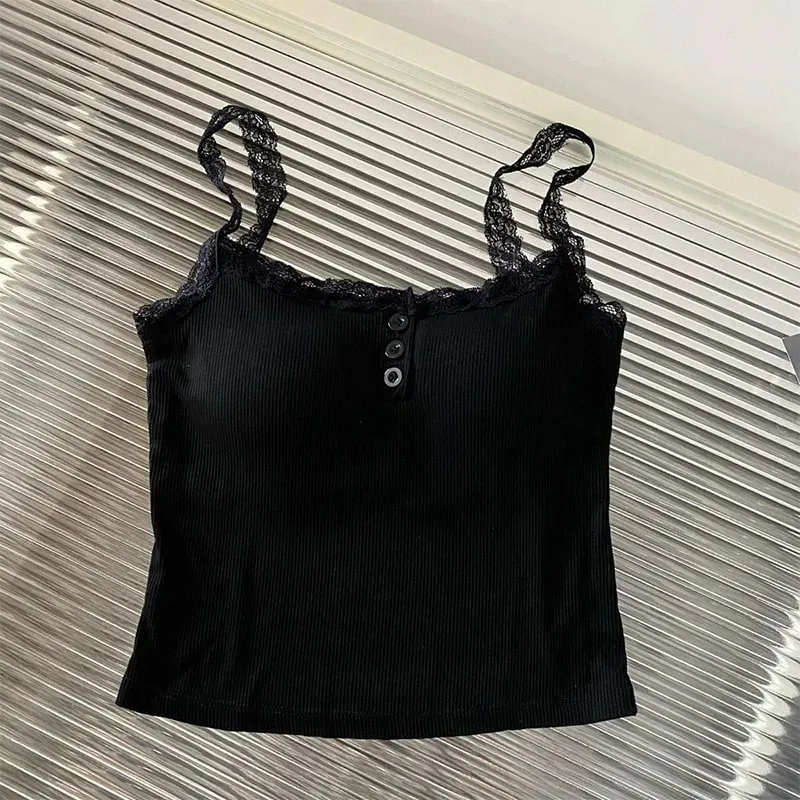 Summer Lace Strap Patchwork Camisole Kvinder Ensfarvet Ærmeløse Buttons Tank Top