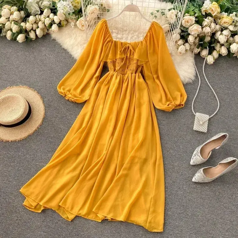 Chic Eleganter Platz Kragen Maxi Kleid Frauen Solide Chiffon Puff Sleeve Kleider 2026 Strand Party Robe Vintage Rüschen Vestidos Y2k — image 3