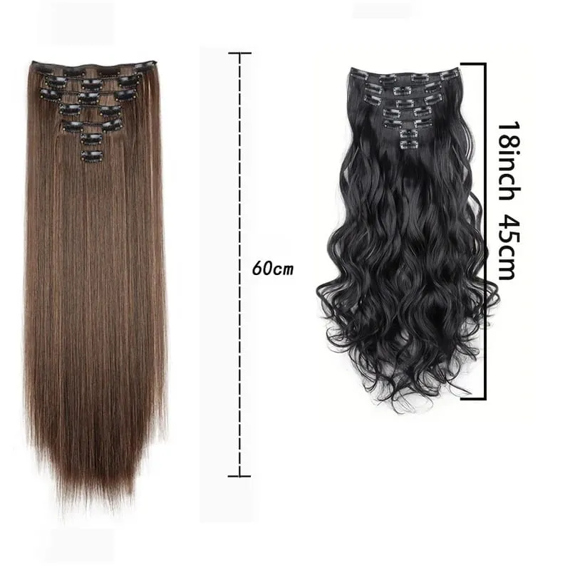 Coiffure longue droite 16 Clips 7 pièces/ensemble Extensions de cheveux postiches synthétiques blondes noires naturelles résistantes à la chaleur pour les femmes Kp — image 3
