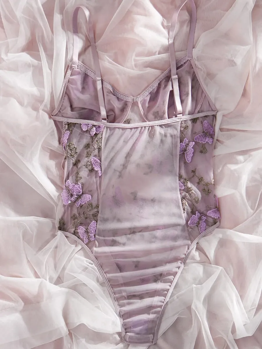 Hot Butterfly Embroidery Mesh Teddy Lace Up V Neck Backless ThongBodysuit Women's Sexy Lingerie & Underwear — image 2