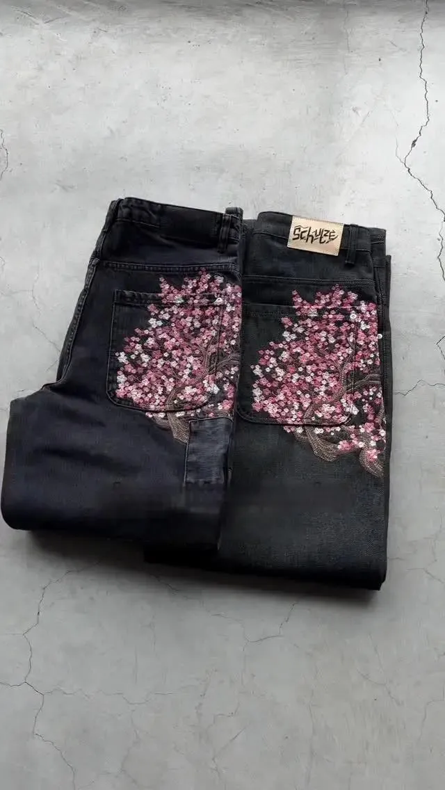 Harajuku Patchwork Kersenbloesem Borduren Denim Broek Y2k Vintage Vrouwen Baggy Rechte Wijde Pijpen Jeans Straat Mannen Kleding — image 2