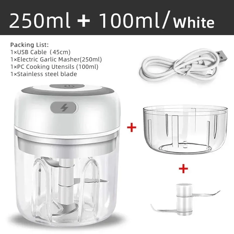 Penghancur Bawang Putih Elektrik Mini Tanpa Wayar 100ml/250ml Chopper Mudah Alih Pengecas USB Halia Cili Penghancur Sayuran Mesin Dapur — image 13