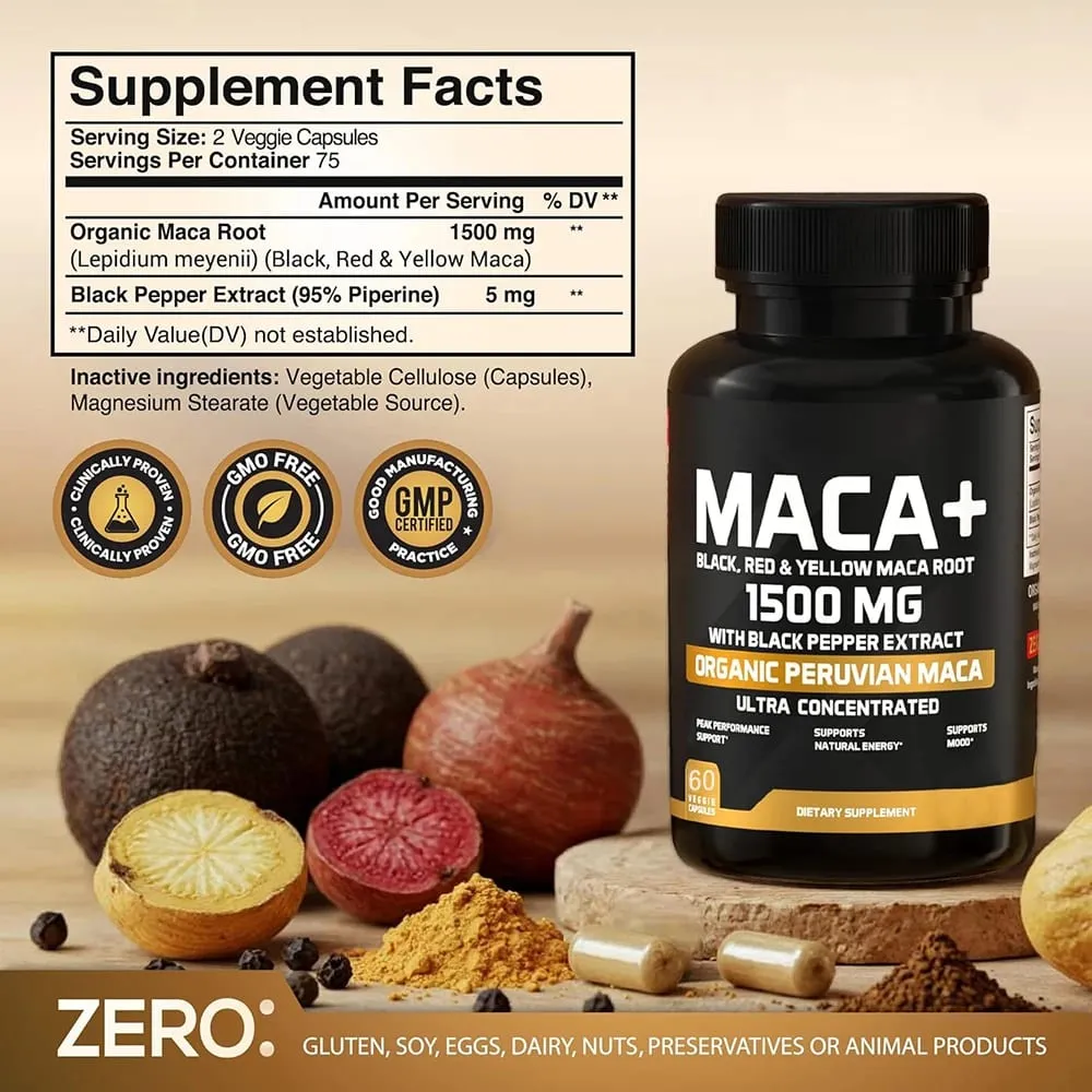 Radice di Maca Biologica Nera Rossa e Gialla da 1500 mg - 60 Capsule - Integratore per uomini in capsule di radice di maca nera - Senza glutine non OGM — image 5