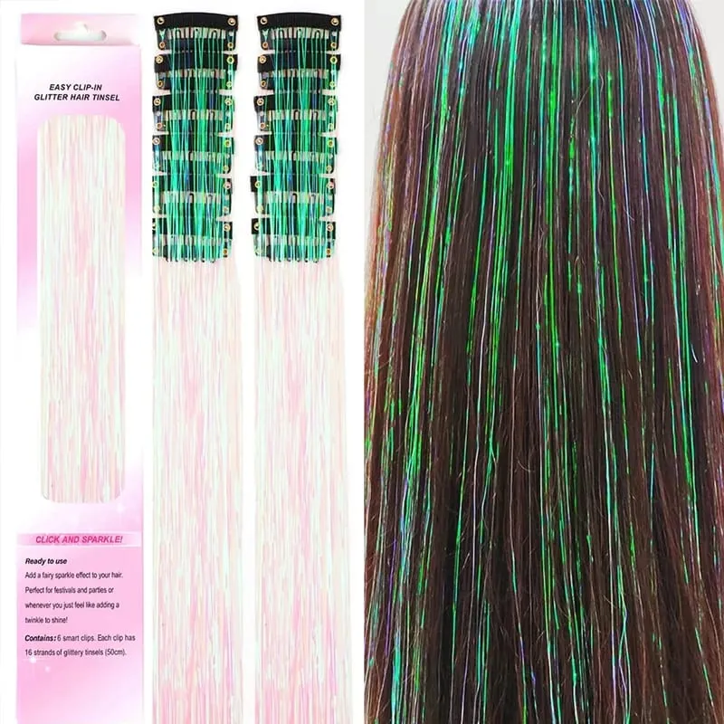 12pcs 20inch Tinsel Hair Extensions Wigs Colorful Shiny Artificial hair extensions Clip in Women Hairpieces for Daily Party Wear — image 10