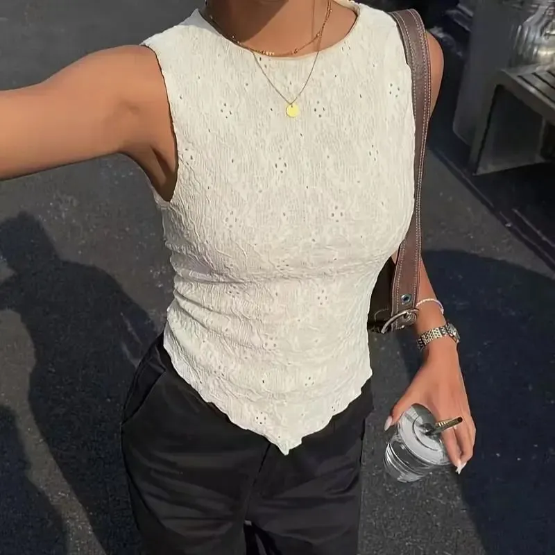 Women's Y2K Double-Layer Lace Slim Shoulder Strap Vest - Asymmetrical Hem Round Neck Lightweight Summer Shirt