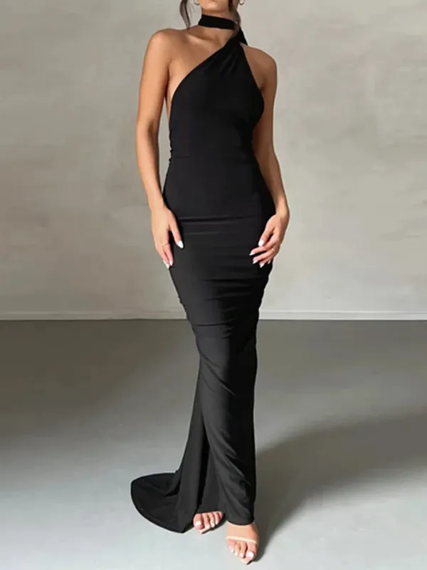 Pakaian Neon Y2K Satu Bahu Tanpa Lengan Tanpa Belakang Tanpa Belakang Ruched Bodycon Gaun Maxi untuk Pesta Hari Lahir Kelab Wanita Prom Petang — image 9
