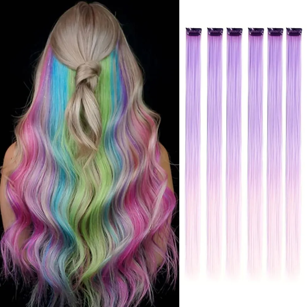 6 Stück/Packung, farbige Party-Highlights, Clip-in-Haarverlängerungen, 22 Zoll, mehrfarbig, glattes Haar, synthetische Haarteile — image 21