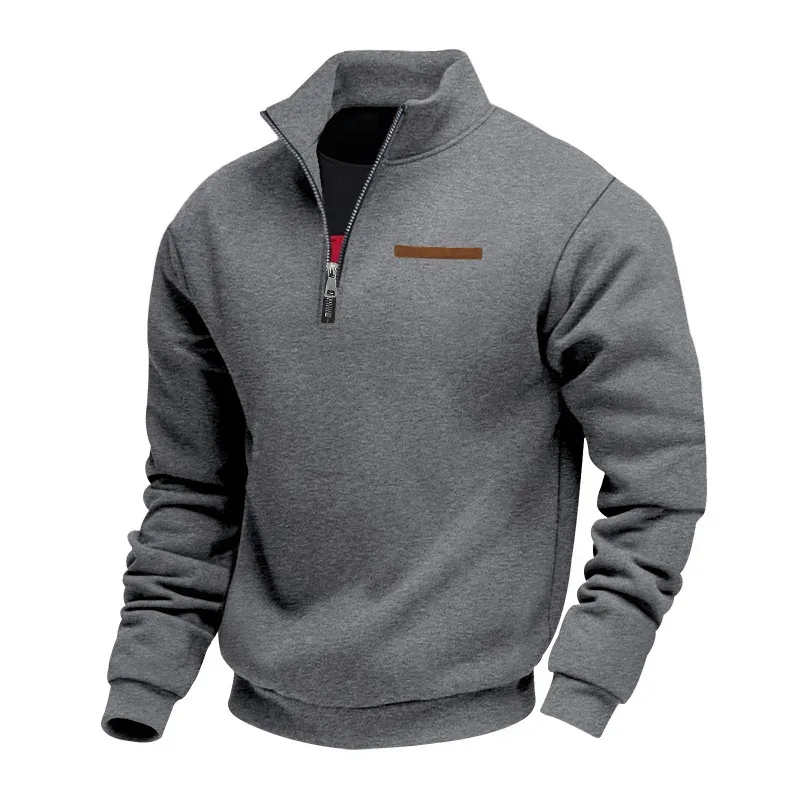 Men's Quarter Zip Sweatshirt Stand Collar Long Sleeve Pullover Casual Fleece Warm Sweatshirt With Chest Decorative Stripe — image 4