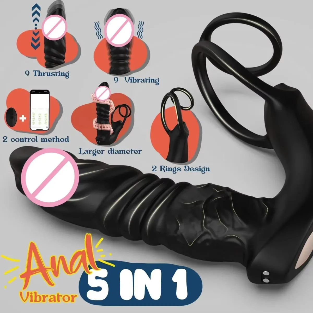 APP Teleskopisk dobbeltringtrykvibrator til mænd prostata massageapparat 5 i 1 vibratorstik Dildo Vibrator Voksen sexlegetøj mænd — image 4