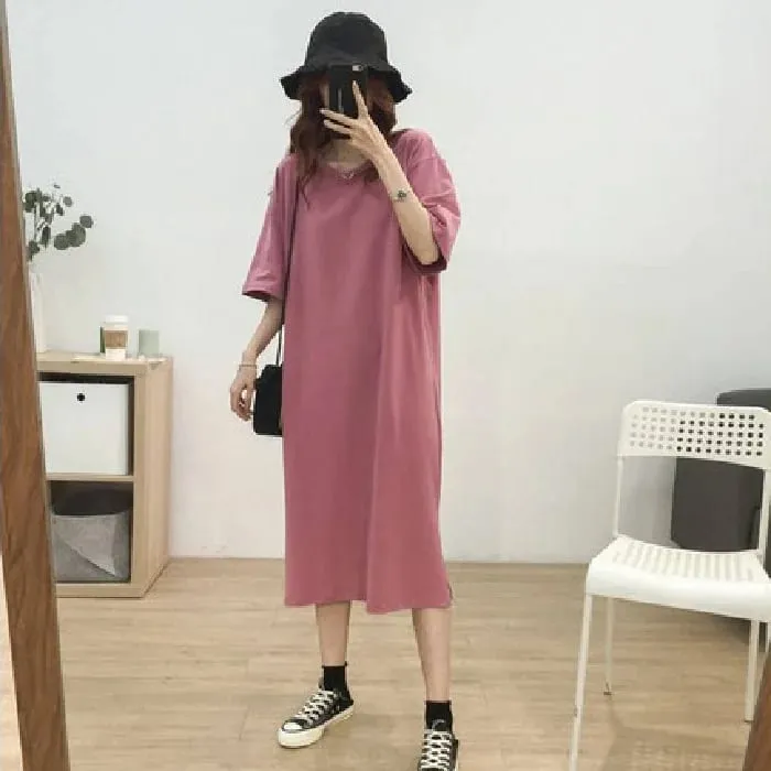 Gaun Maxi Kapas Lengan Pendek Lengan Pendek Korea Potongan Sisi Baru Pakaian Panjang Gaya Leher Bulat Asas Pelajar Perempuan Longgar — image 5