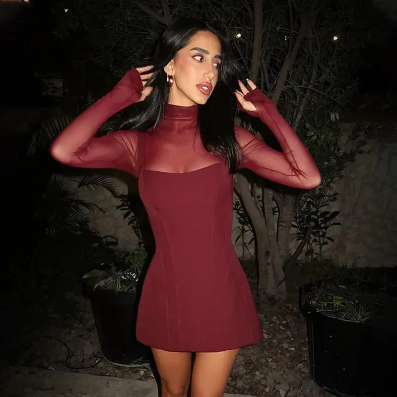 Mesh Patchwork Mini Dress For Women Party Elegant Evening Vestidos Fashion Lace Long Sleeve Turtleneck Slim Short Dresses — image 4