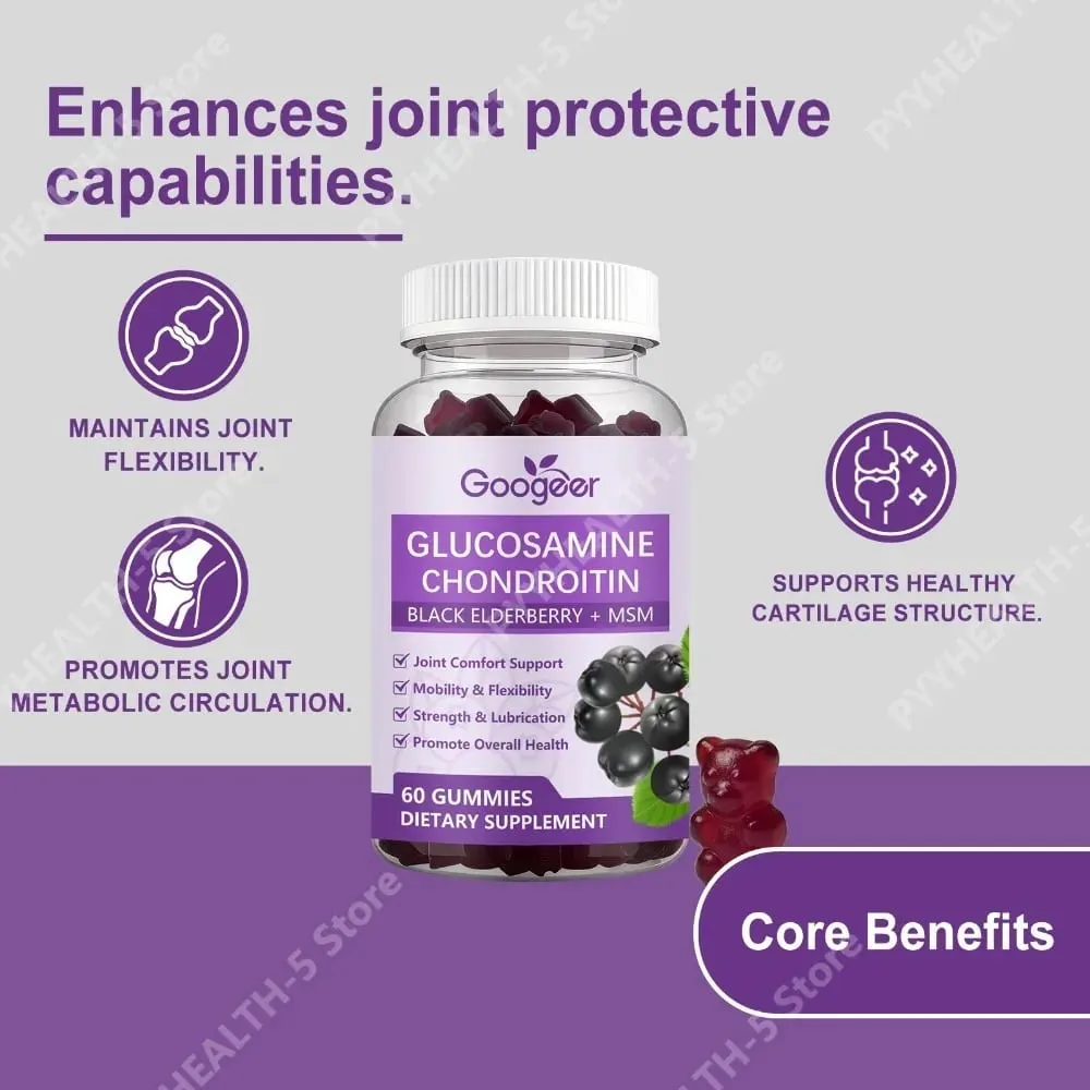 Googeer Joint Support Gummies 60 Count Glucosamine Hydrochloride Chondroitin Sulfate MSM with Hyaluronic Acid for Cartilage