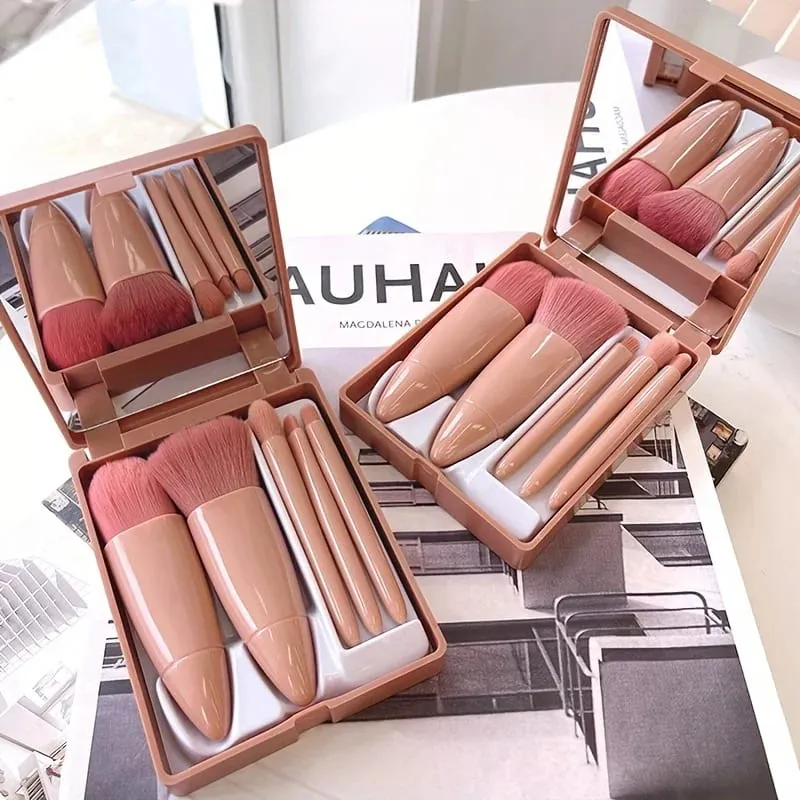 Mini set di pennelli per trucco portatile da 5 pezzi con specchio - Set di pennelli per trucco da viaggio Strumento pennello per ombretto — image 1