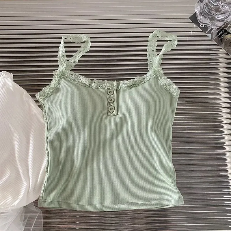 Summer Lace Strap Patchwork Camisole Kvinder Ensfarvet Ærmeløse Buttons Tank Top — image 10