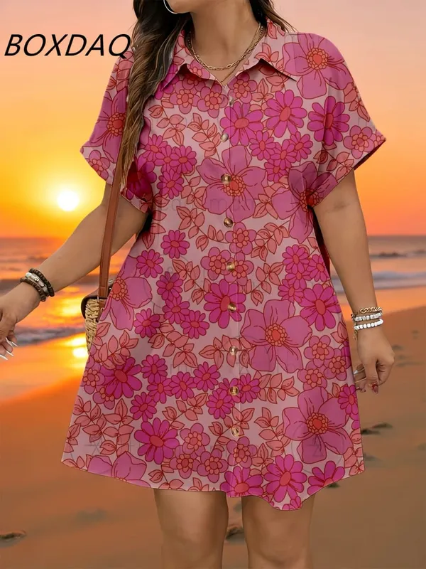 แขนสั้นดอกไม้รูปแบบแฟชั่นผู้หญิงชุดมินิฤดูร้อน 3D พิมพ์ Street Elegant Casual สุภาพสตรีชุดเสื้อ PLUS ขนาด 3XL — image 8