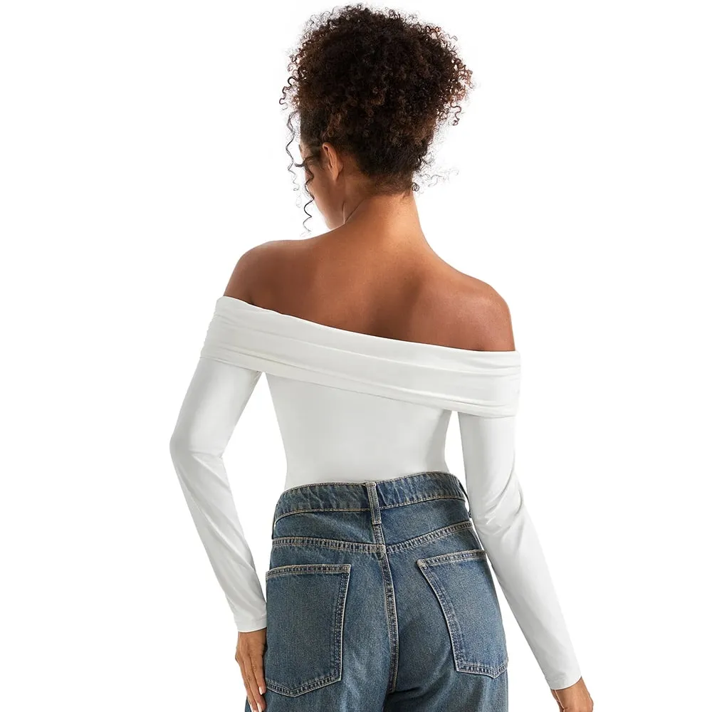 여성을위한 기본 긴 소매 바디 슈트 블라우스 가을 겨울 슬림 피트 오프 숄더 바디 슈트 streetwear y2k bodycon rompers femme — image 4