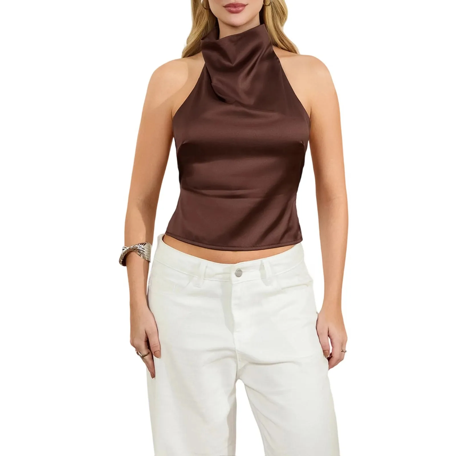 Top con scollo all'americana aperto sul retro per donna Top con fiocco estetico vintage con volant increspato Top corto con smock Y2K Canottiere per uscire Canotte — image 9