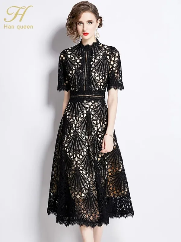 H Han Queen printemps nouveau élégant décontracté travail robes de soirée Floral Crochet évider dentelle Patchwork décontracté bureau robe mi-longue — image 8