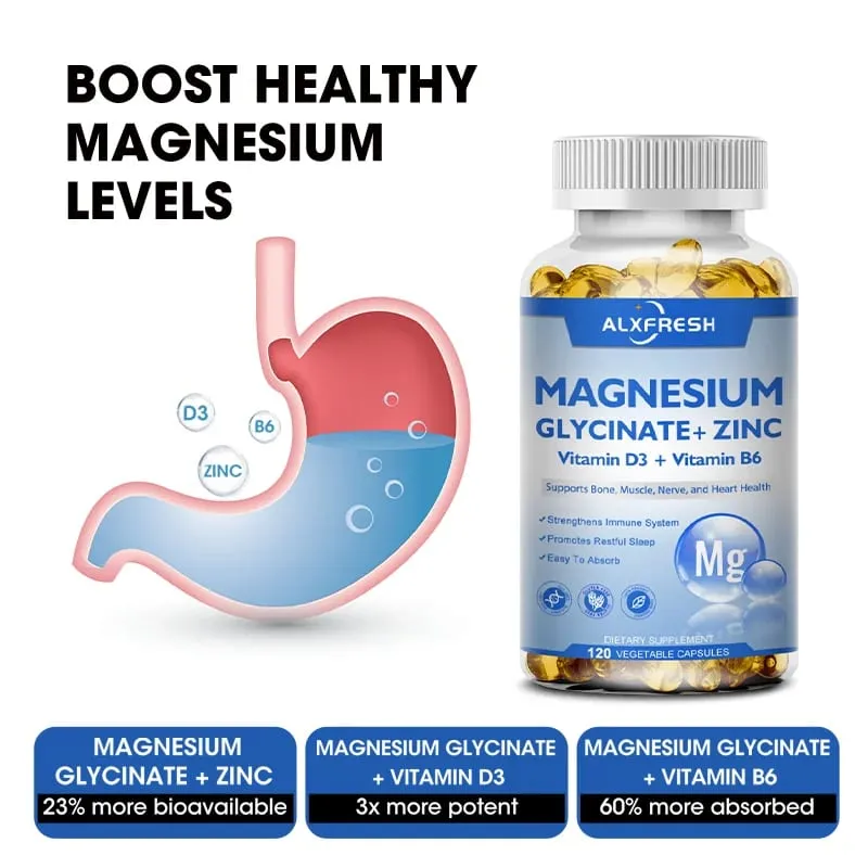 Magnesium Glycinate 500mg Capsules High Absorption with Zinc Vitamin D3 B6 Support Dietery Supplement Stress & Anxiety Relief