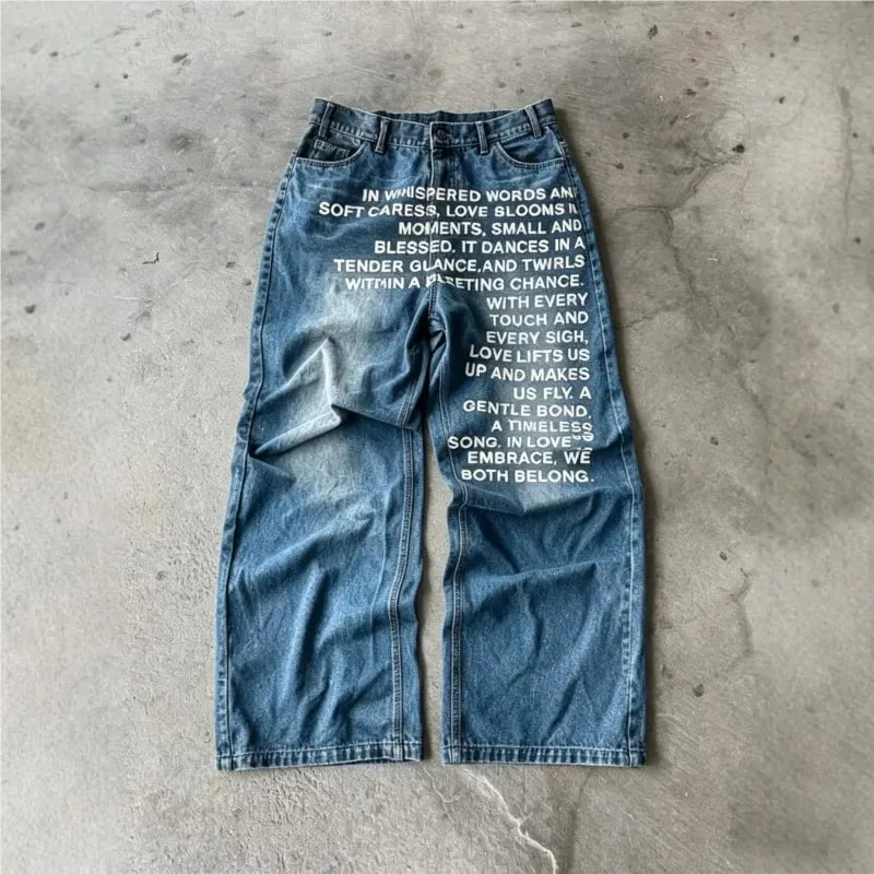American Retro Lelaki Seluar Jeans Bercorak Huruf Bercorak Jalan Tinggi Y2K Goth Wanita Uniseks Longgar Kasual Seluar Mop Kaki Lebar — image 3