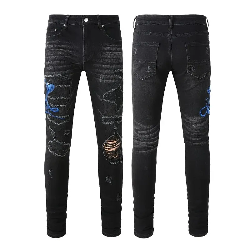 ผู้ชายงูเย็บปักถักร้อยกางเกงยีนส์ Streetwear หนัง Patch ยืดกางเกงยีนส์ Skinny กางเกง Ripped Distreesed กางเกงดินสอ — image 5