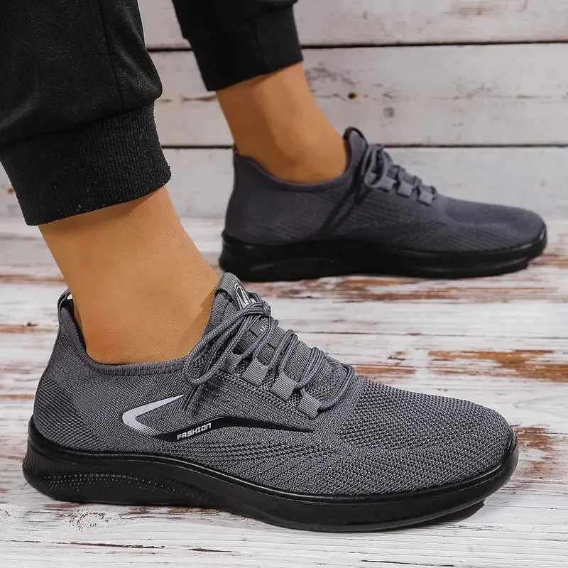 Men Breathable Knitted Running Shoes Anti Slip Trainers Arch Support Shock Absorbing EVA Sole Low Top Lace Up Sports Footwear — image 4