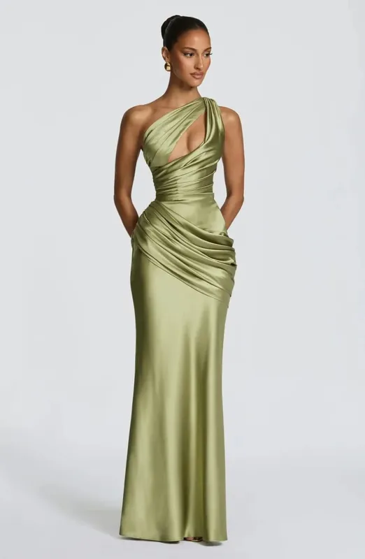 Elegant Solid Ruched Satin Maxi Dress Women One-shoulder Sleeveless Slim Fit Flowy Dresses 2026 Lady Summer Evening Vestidos — image 8