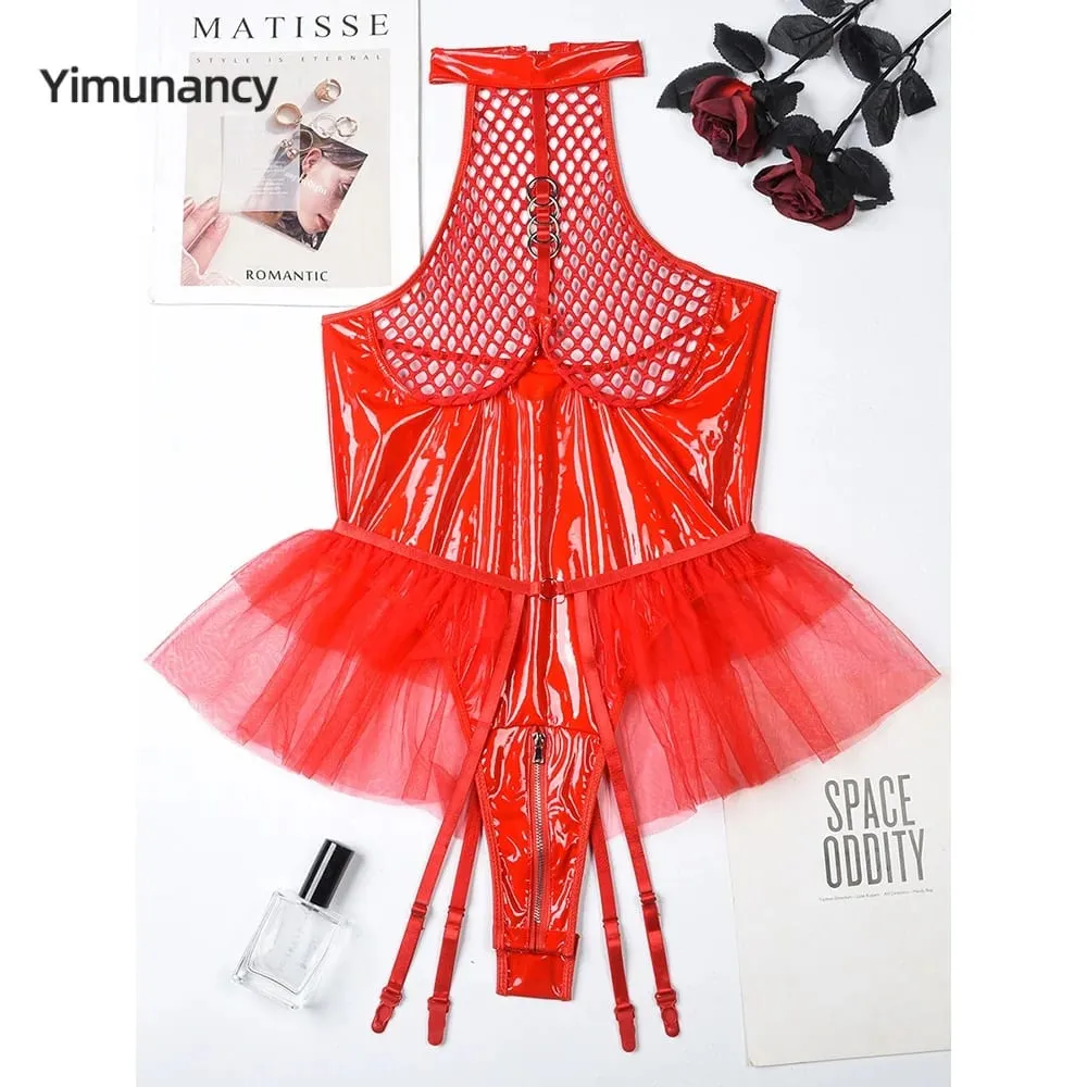 Yimunancy PU-Leder rückenfreier Bodysuit für Damen, 2-teilig, transparent, Neckholder, Mesn-Body, Ballkleid, Body Femme — image 1