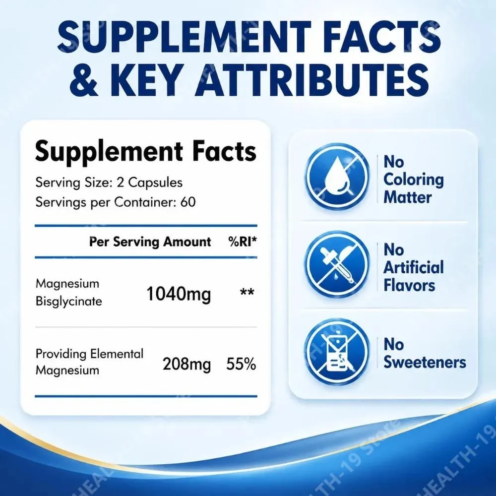 Kapsul Magnesium Glycinate dengan 208mg Elemental Bisglycinate untuk Otot Tulang yang Sihat & Sokongan Saraf Dewasa 120 Kapsul — image 4