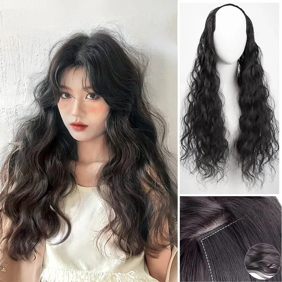 U Part Hair Extensionsสังเคราะห์Curly Waveคลิปในส่วนขยายของผมOne Piece 3/4 Full Headครึ่งวิกผมตรงหนาhairpiece — image 1