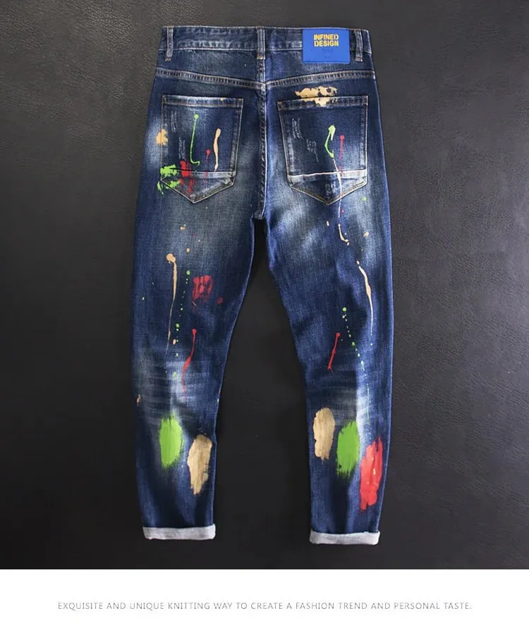 Mit Sprühfarbe bedruckte, zerrissene Graffiti-Jeans für Herren, schmale Passform, kleine Füße, Persönlichkeit, trendige Street-Denim-Hosen — image 8