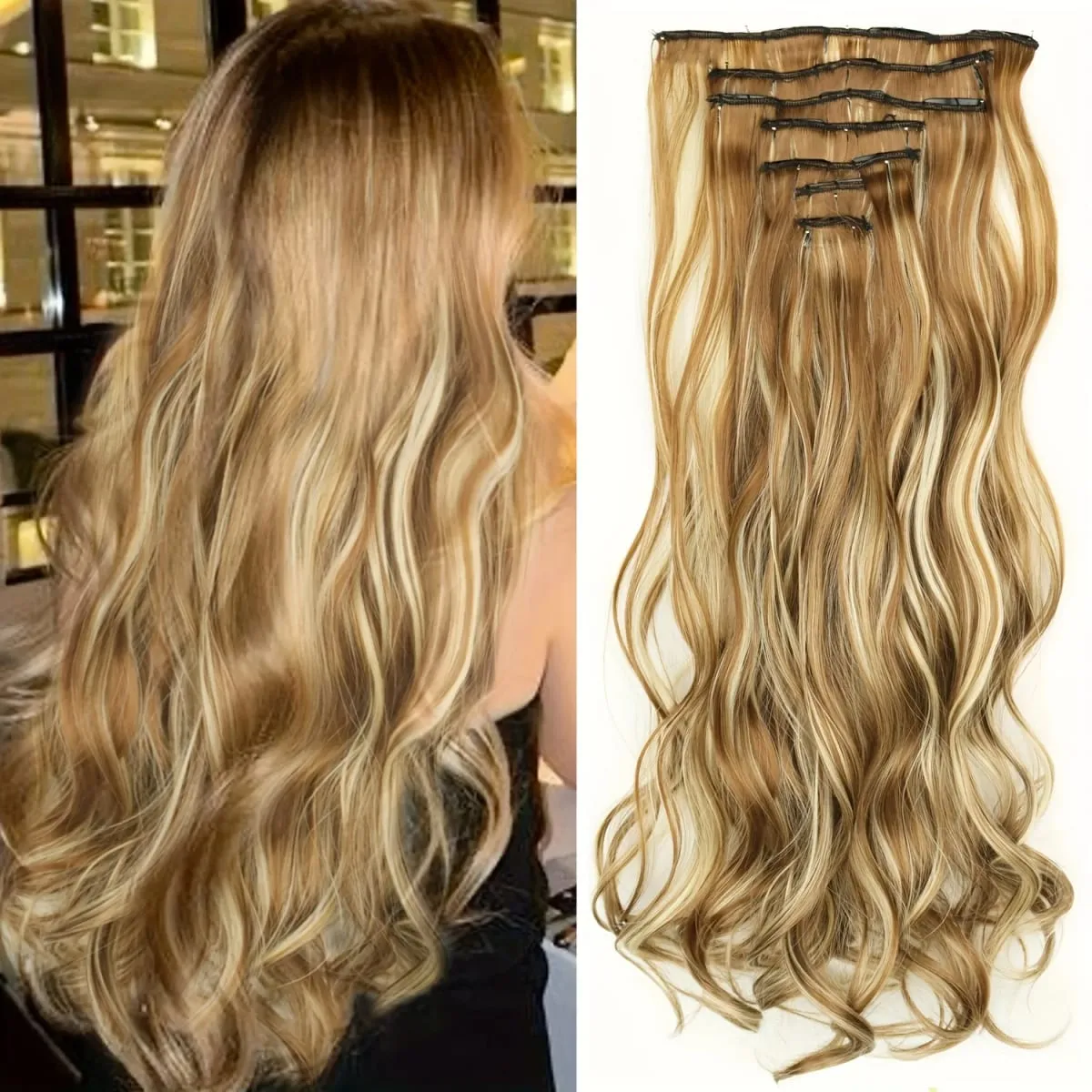 Coiffure longue droite 16 Clips 7 pièces/ensemble Extensions de cheveux postiches synthétiques blondes noires naturelles résistantes à la chaleur pour les femmes — image 19
