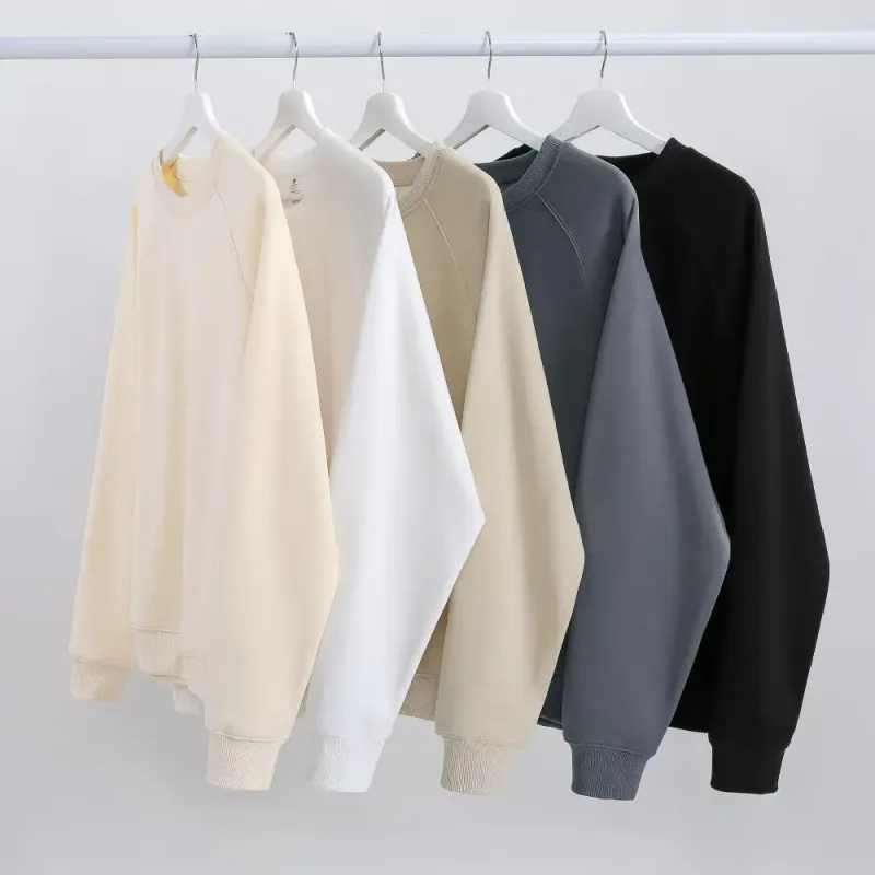 600g Baju Sweat 100% Kapas Bersaiz Besar Lelaki untuk Musim Sejuk Pepejal Beige Lengan Batwing Bulu Heavyweight Leher Krew Hoodies Termal — image 6