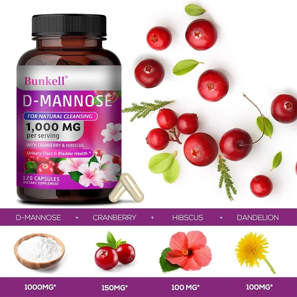 Capsule di D-Mannosio da 1000 mg - Mirtillo rosso, dente di leone, ibisco, supporto per la salute del tratto urinario, della vescica, pulizia interna e sistema immunitario