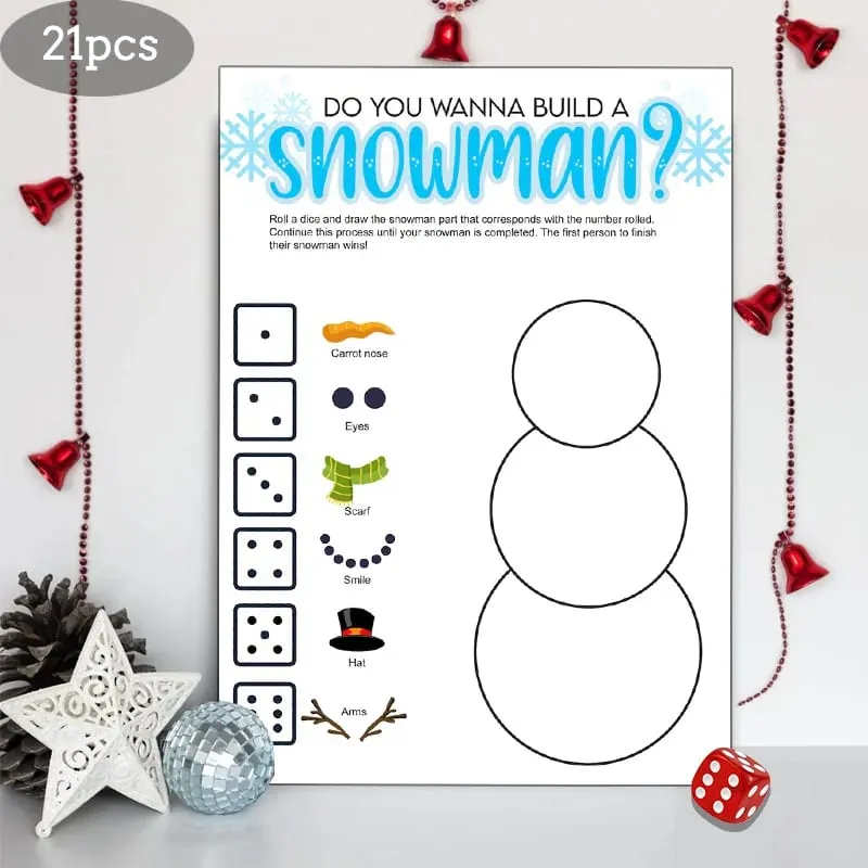 21pcs Christmas Roll a Snowman Permainan Kad Dadu Rolling Game Set Snowman Drawing Permainan Pesta Keluarga dan Permainan Pesta Percutian — image 4