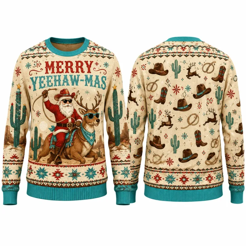 Yeehaw Holidays Santa Reindeer Sweatshirt 3D All Over Print Unisex Crew Neck Long Sleeve Western Ugly Christmas Party Xmas Shirt — image 3