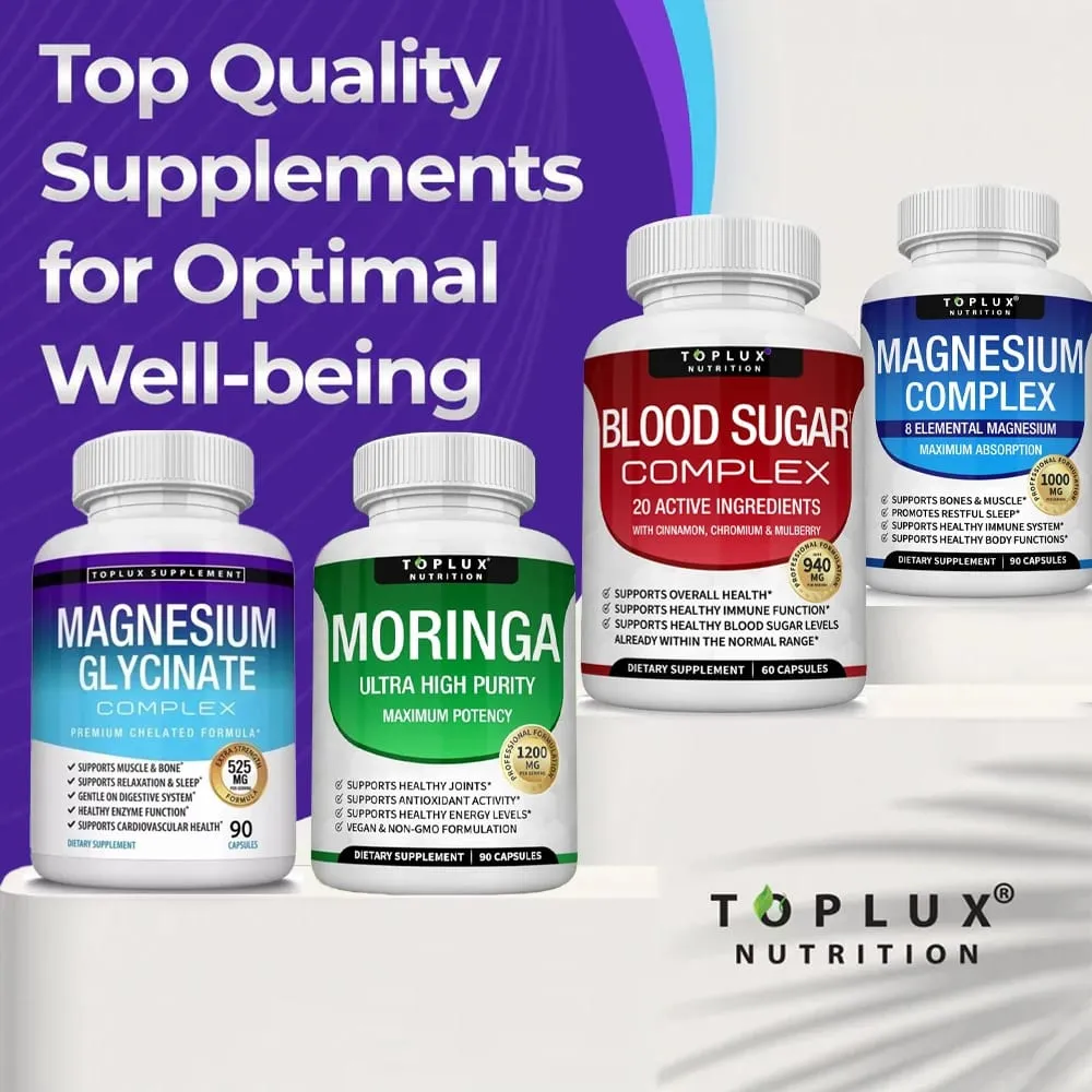 Prémiový doplněk komplexu hořčíku 1000 mg glycinát hořečnatý 525 mg komplex krevního cukru 940 mg kapsle Moringa 1200 mg bez GMO
